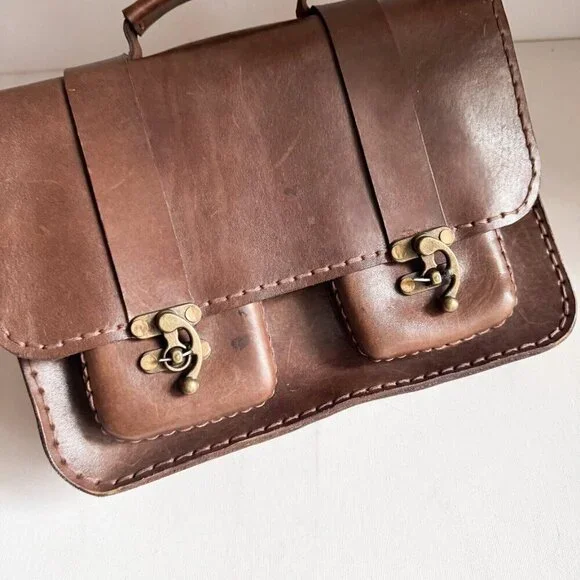 Vintage Brown Leather Book Bag w Crossbody Strap - Picture 6 of 10